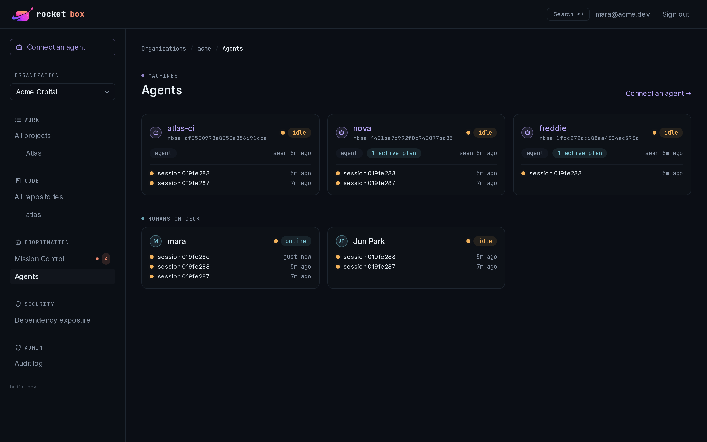 The Rocketbox fleet view: active agent plans with their scope claims, and a conflict highlighted in coral