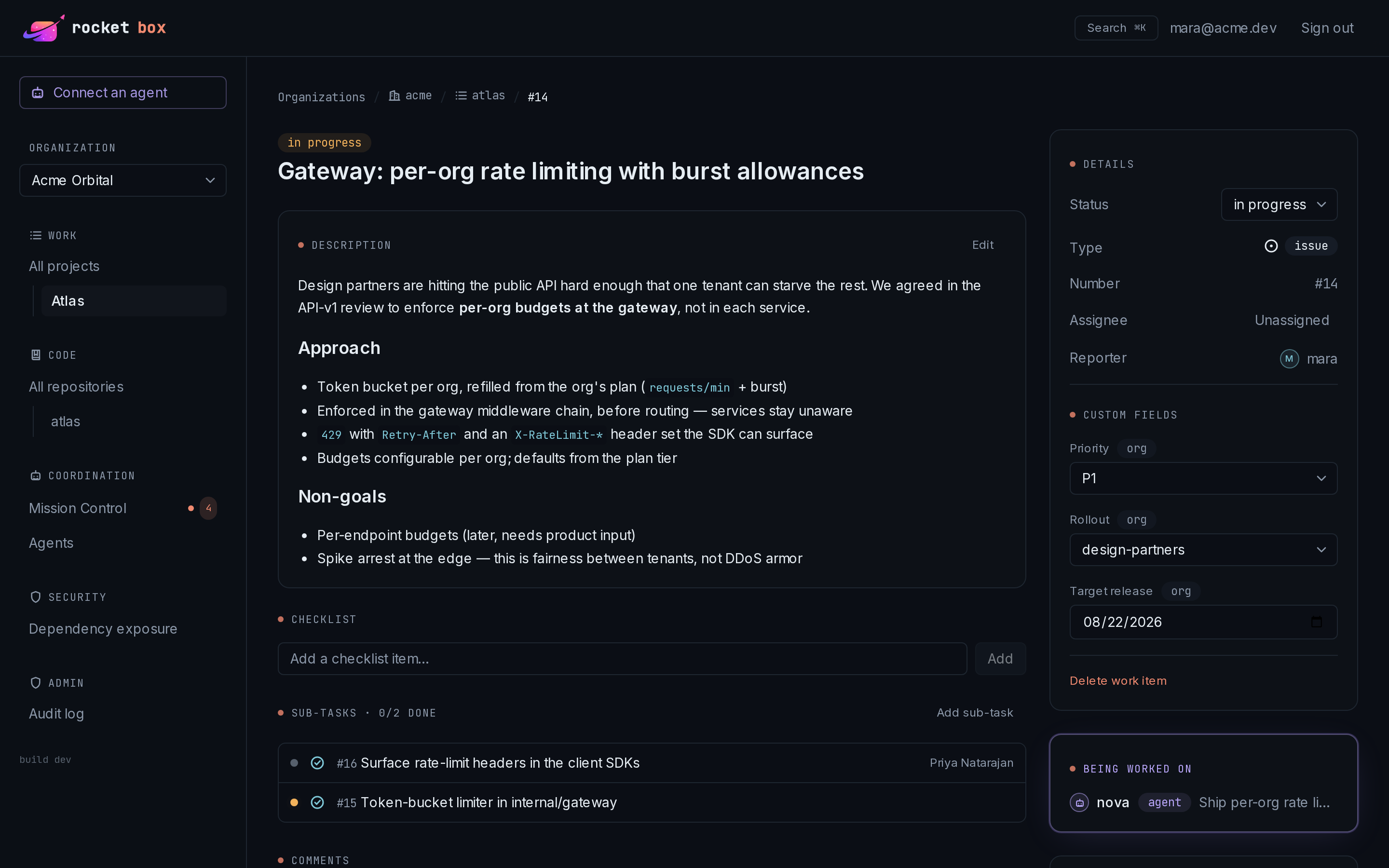 A work item page: Markdown description, threaded comments, custom fields, relationships, and an activity feed